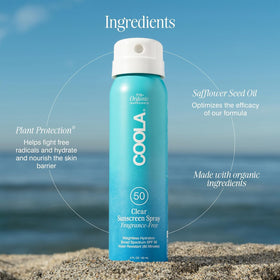 COOLA 2 fl oz next to passport to show travel-friendly size and portability