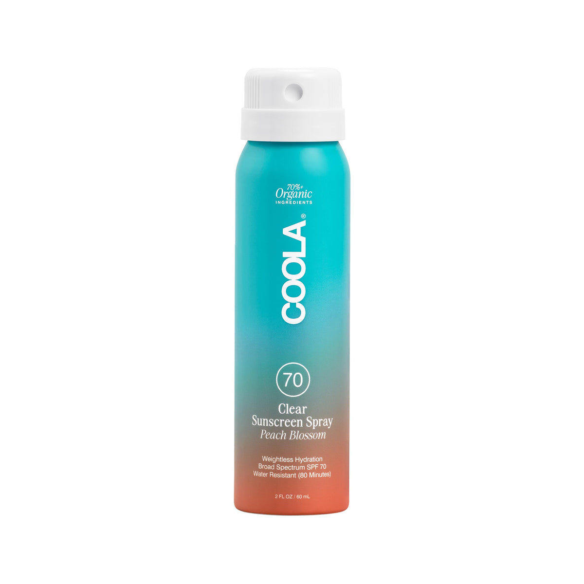 COOLA front view of SPF 70 spray bottle showing compact travel size and branding