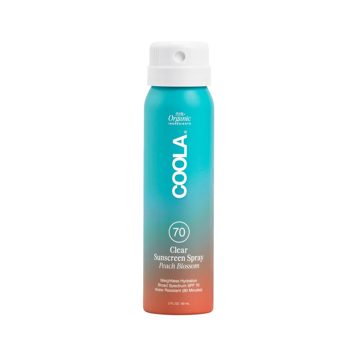 COOLA front view of SPF 70 spray bottle showing compact travel size and branding