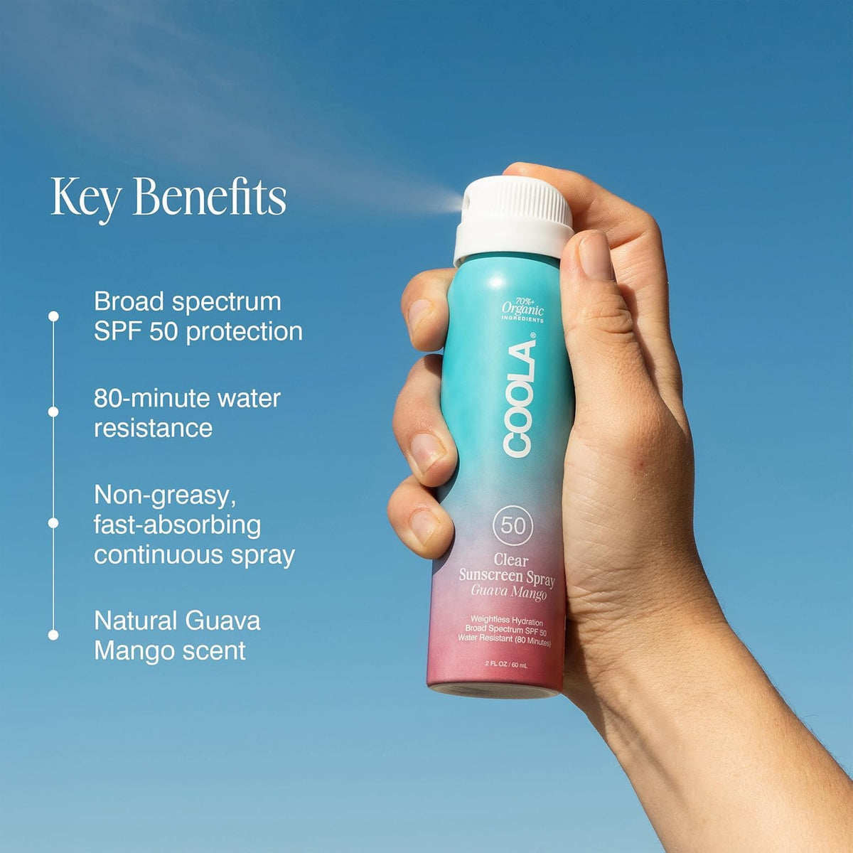 COOLA spray nozzle detail demonstrating continuous mist for even coverage