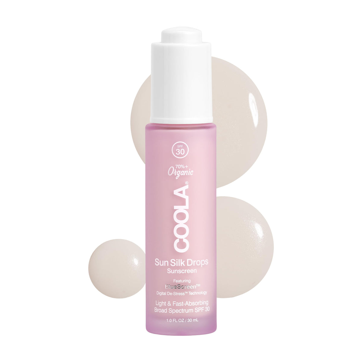 COOLA front bottle showing Sun Silk Drops SPF 30 with travel-friendly size and protection