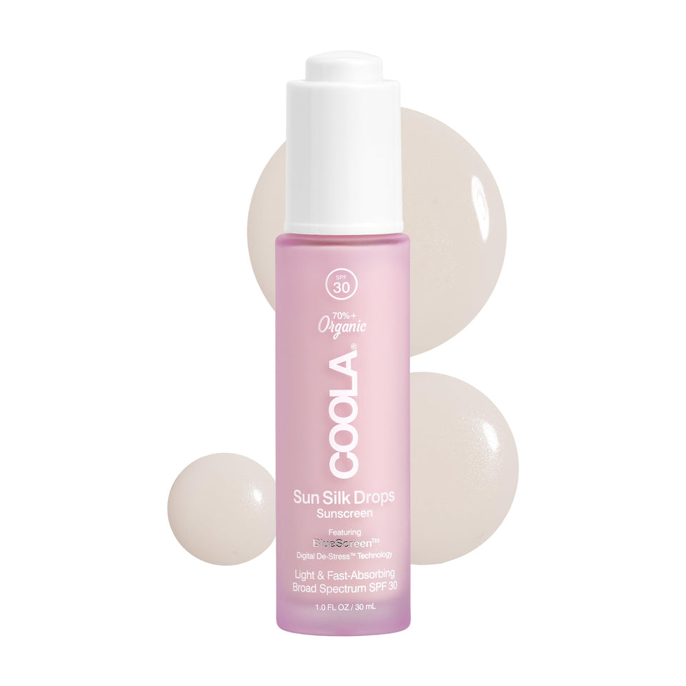 COOLA front bottle showing Sun Silk Drops SPF 30 with travel-friendly size and protection