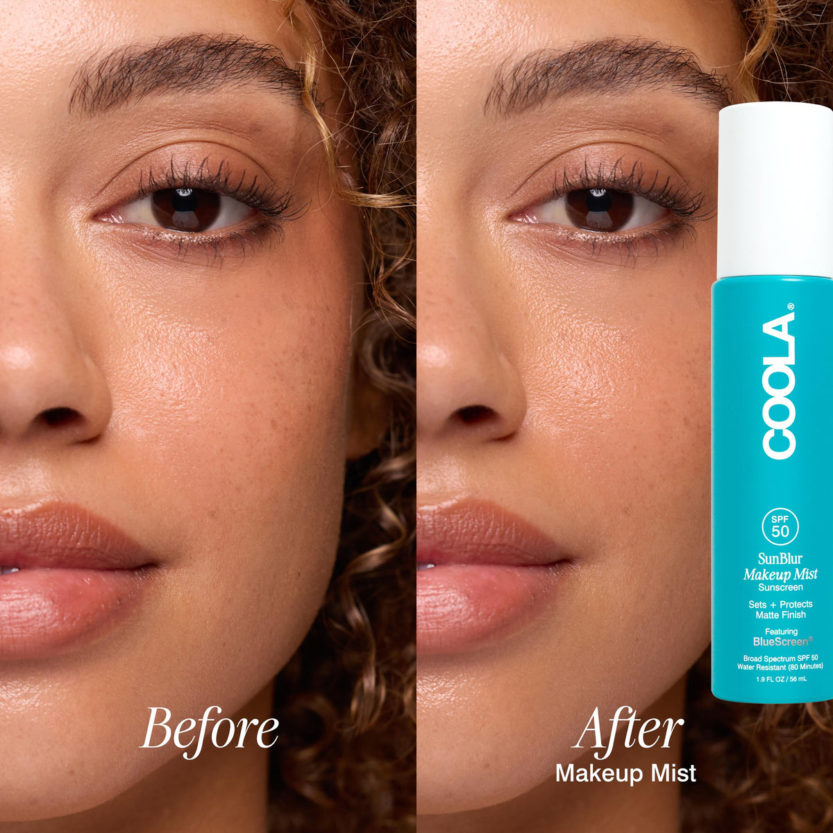 COOLA spray being applied over makeup to set and refresh look