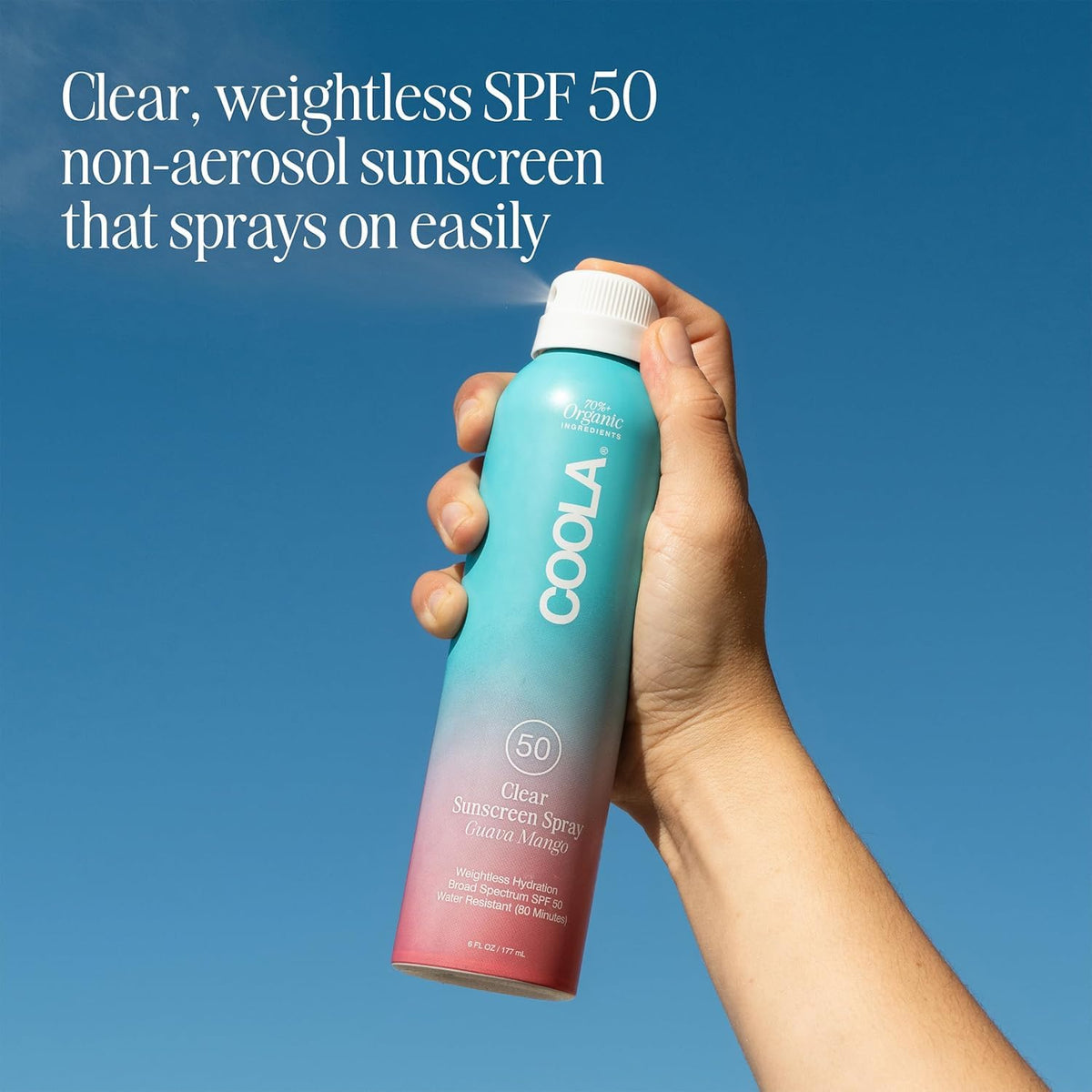 COOLA nozzle close-up showing easy continuous spray application benefit