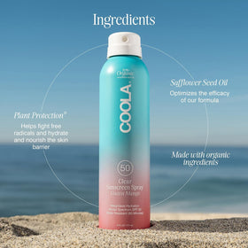 COOLA bottle on beach indicating outdoor use and water resistance