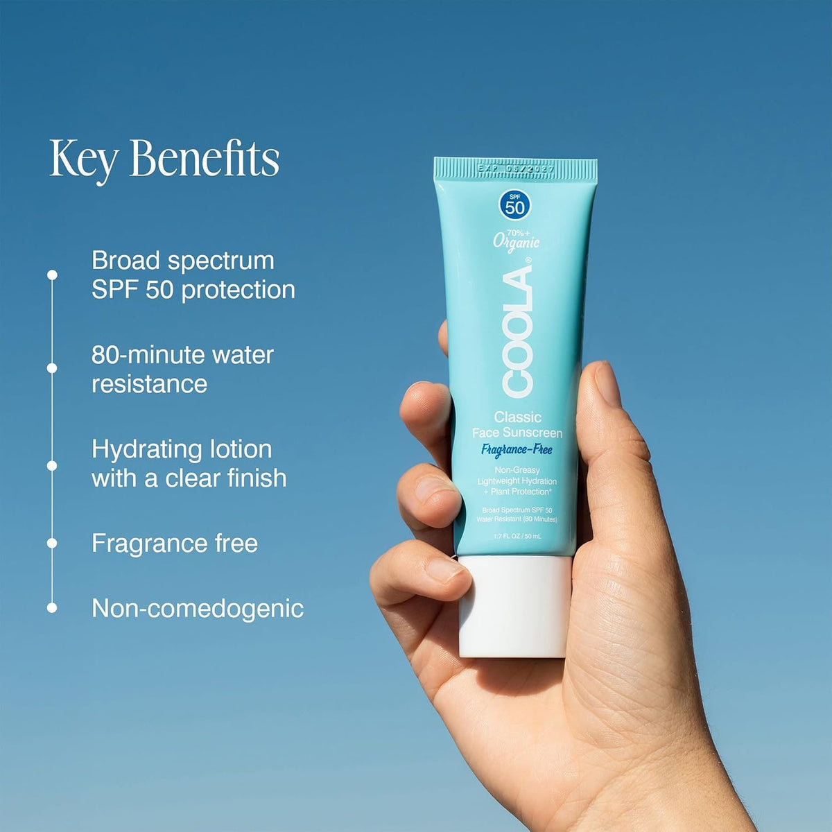 COOLA applying sunscreen to hand illustrating smooth, non-greasy finish