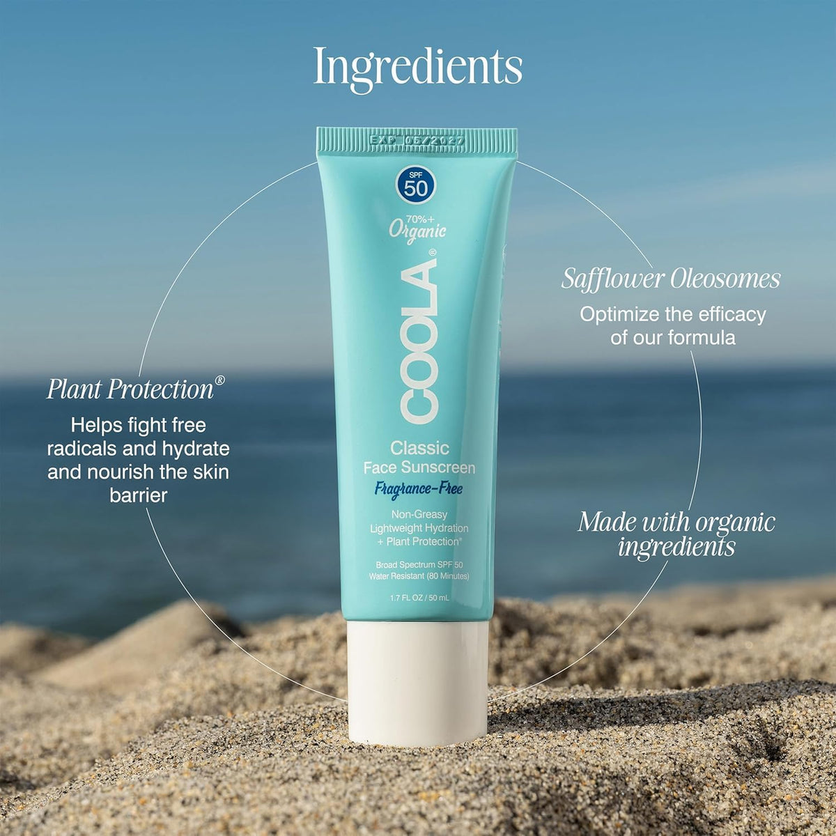COOLA next to coin showing 1.7 fl oz travel-friendly size