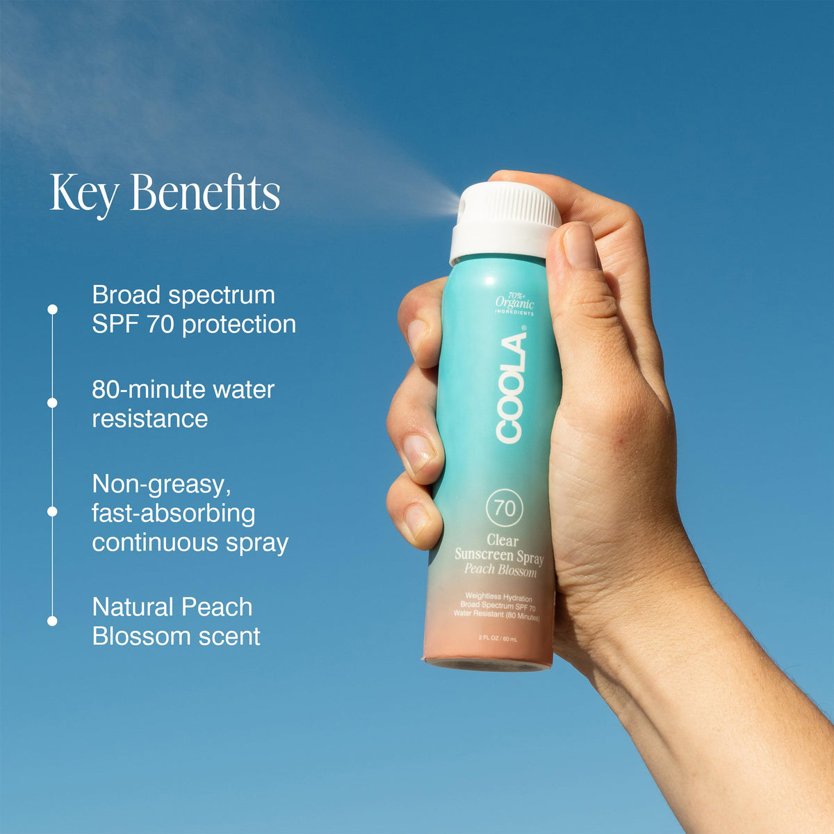 COOLA close-up of sunscreen mist texture highlighting sheer, non-greasy finish