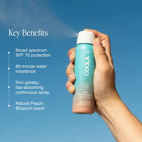 COOLA close-up of sunscreen mist texture highlighting sheer, non-greasy finish
