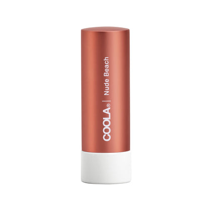 COOLA tinted liplux front tube showing nude beach shade and SPF 30 protection