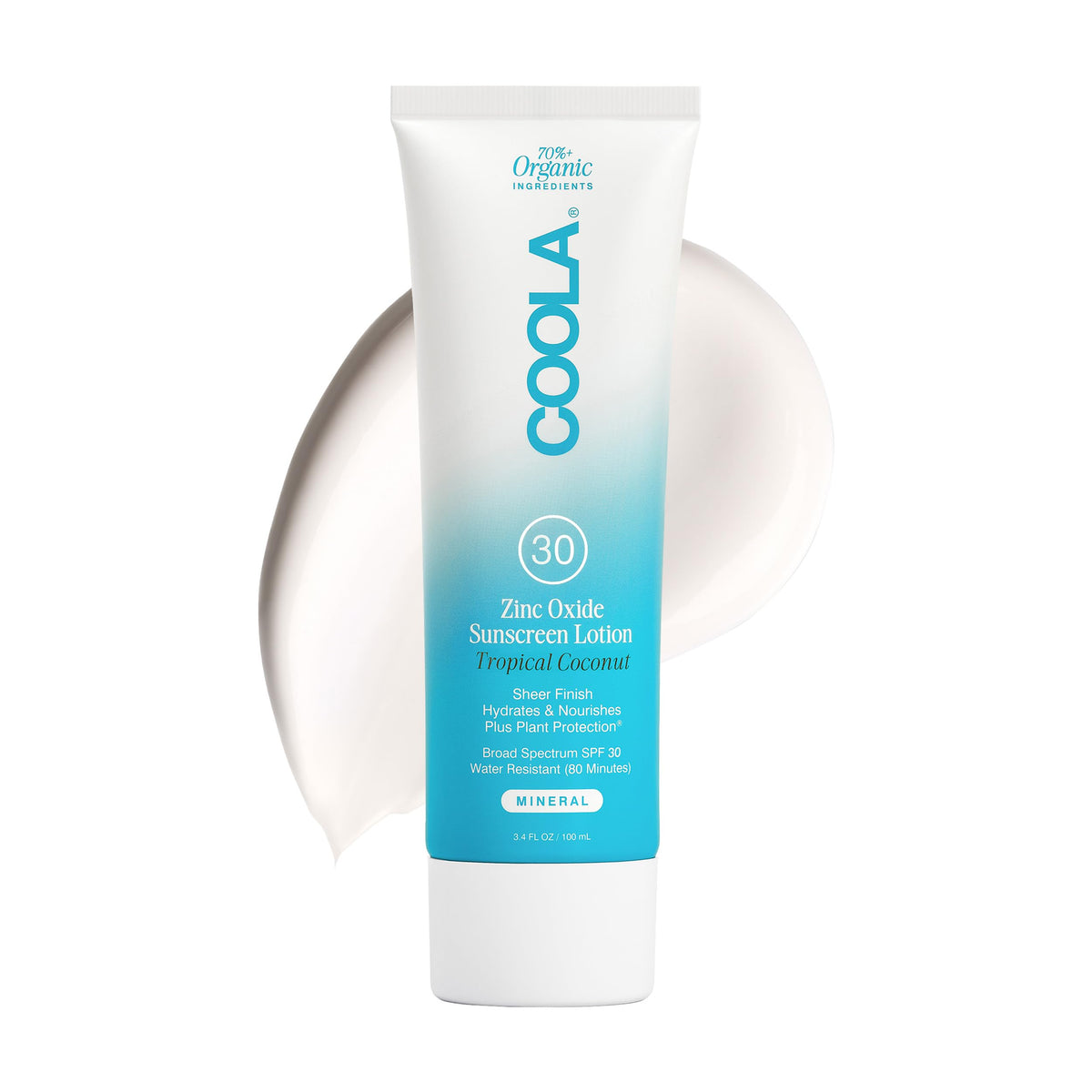 COOLA travel-size tube front packaging showing SPF 30 and tropical coconut scent