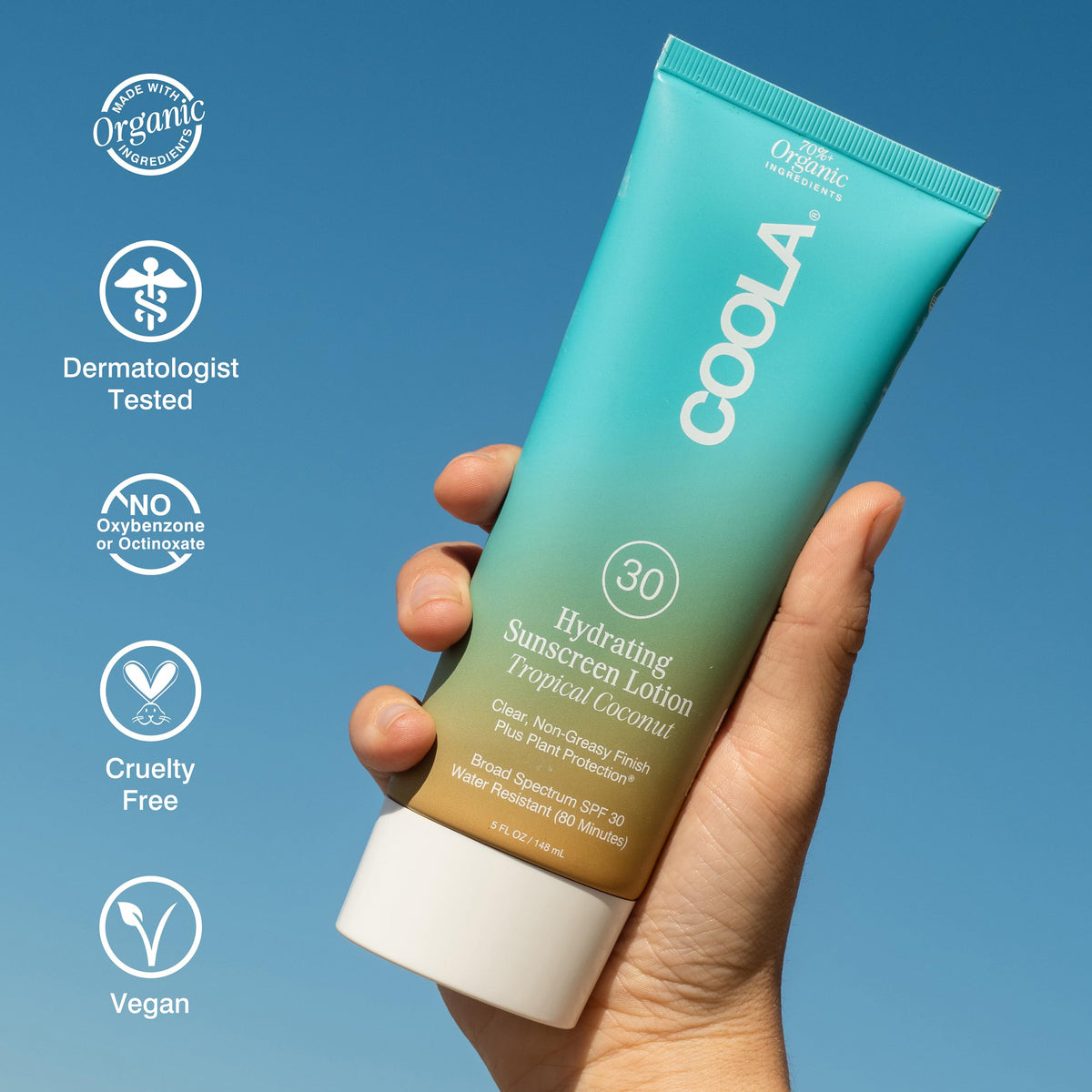 COOLA label displaying ingredients and reef-compliant certification benefits