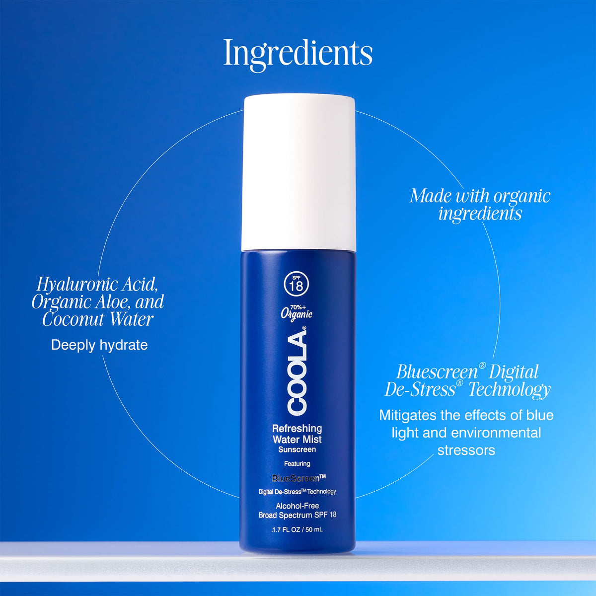 COOLA mist spraying into hand, hydrating feel and quick on-the-go sun refresh