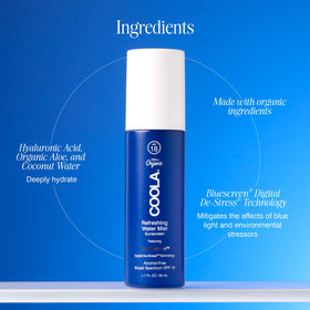 COOLA mist spraying into hand, hydrating feel and quick on-the-go sun refresh