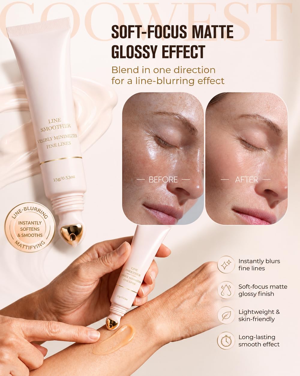 Coowest primer swatch on skin demonstrating even skin-tint and visible smoothing effect for makeup base