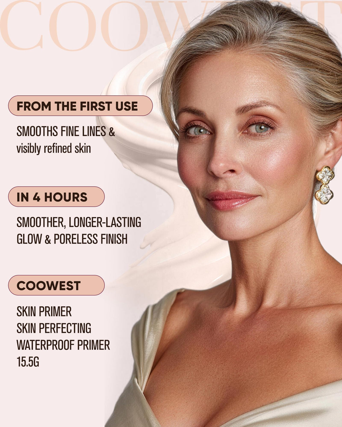 Coowest primer texture close-up revealing velvety, lightweight finish that blurs pores and fine lines