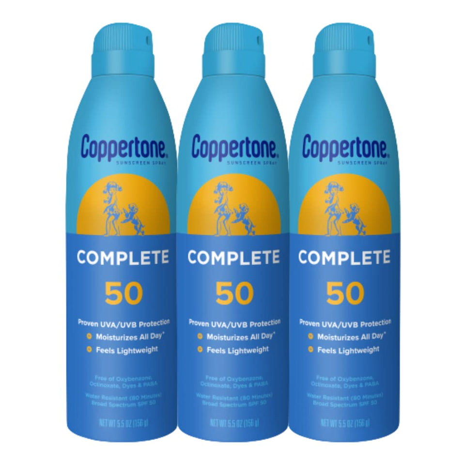Coppertone bottle front view showing SPF 50 protection and benefits