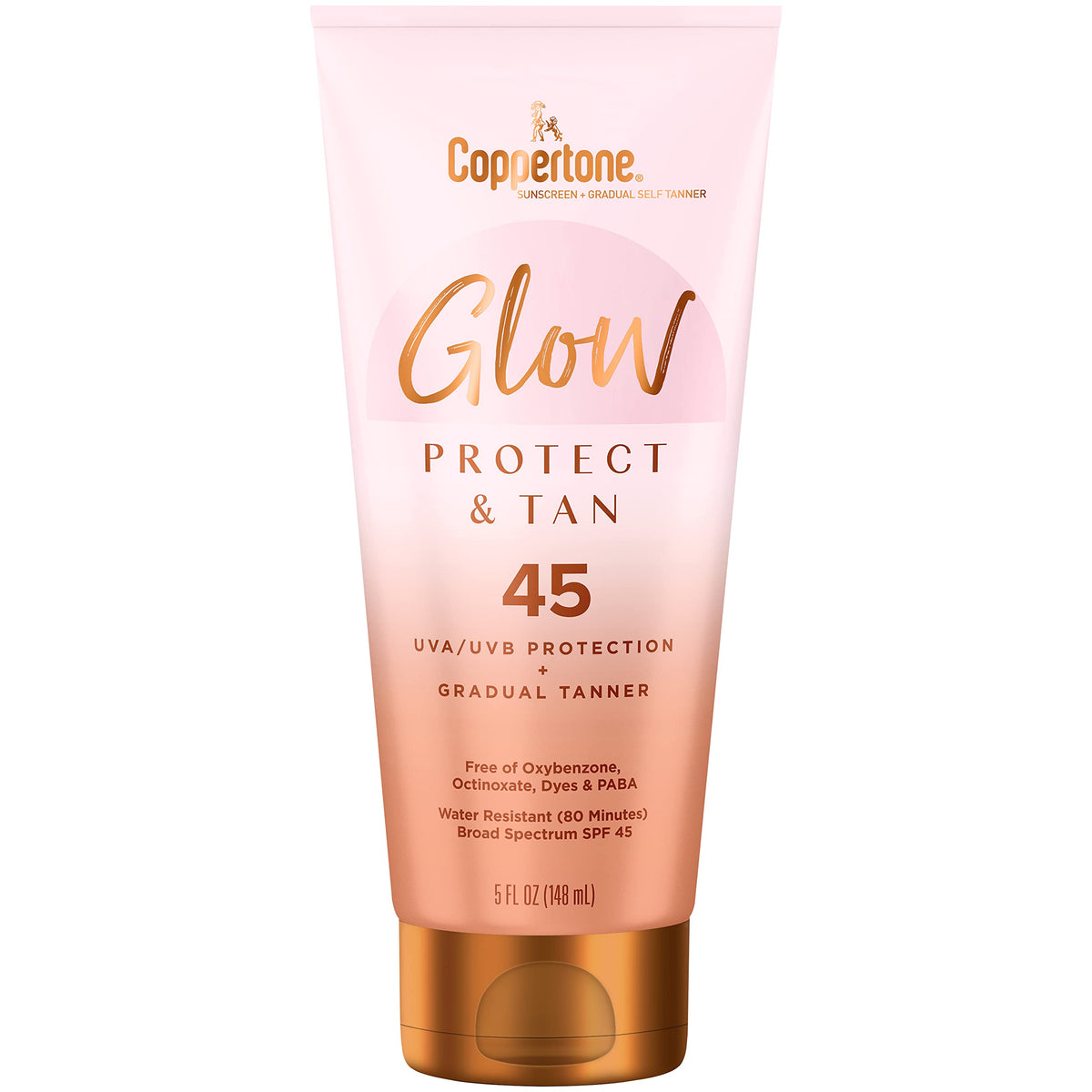 Coppertone front packaging showing SPF 45 and gradual tan benefits