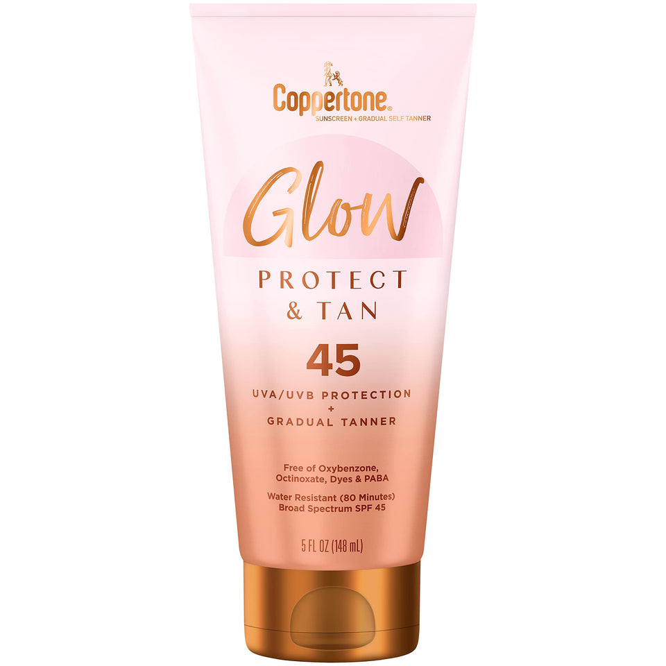 Coppertone front packaging showing SPF 45 and gradual tan benefits