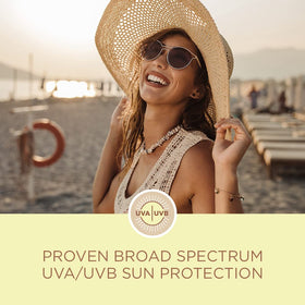 Coppertone label close-up highlighting broad spectrum and water resistant benefit