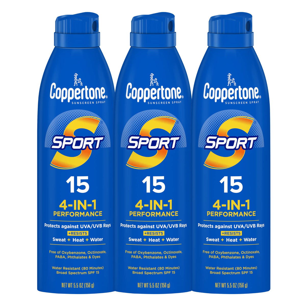 Coppertone front packaging showing SPF 15 and three cans for easy refill