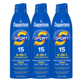 Coppertone front packaging showing SPF 15 and three cans for easy refill