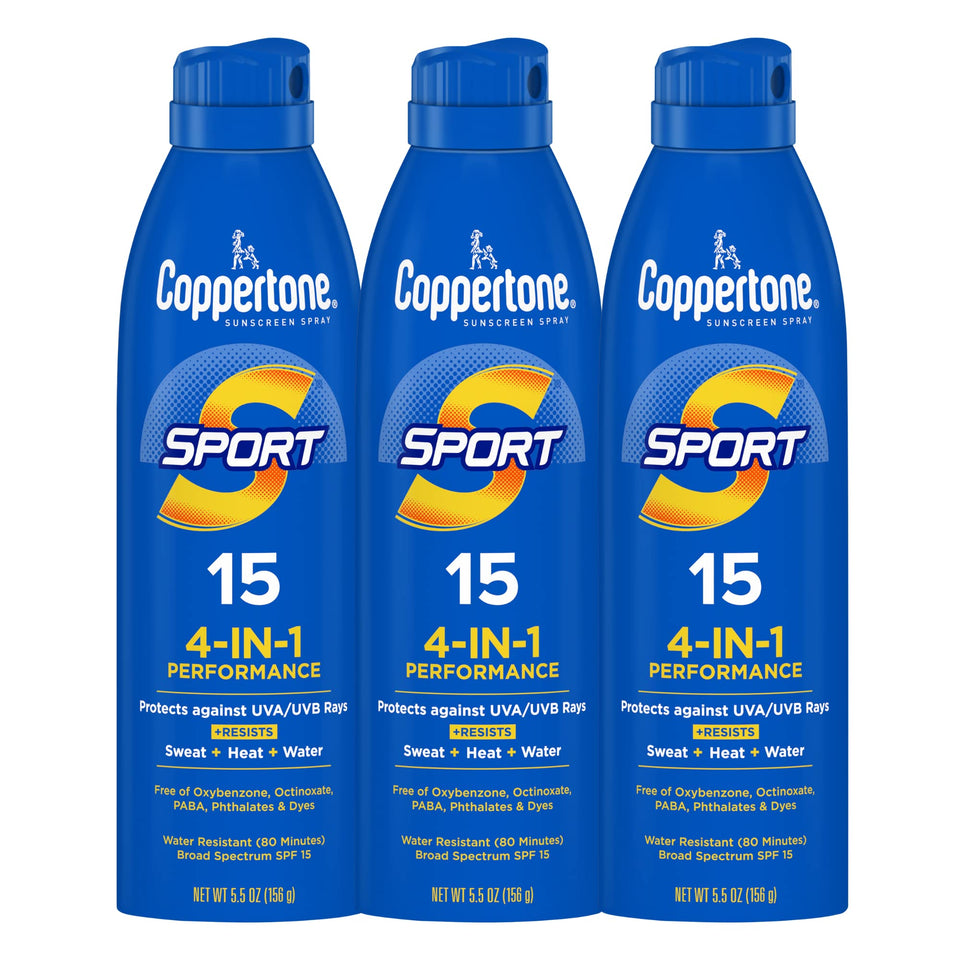 Coppertone front packaging showing SPF 15 and three cans for easy refill