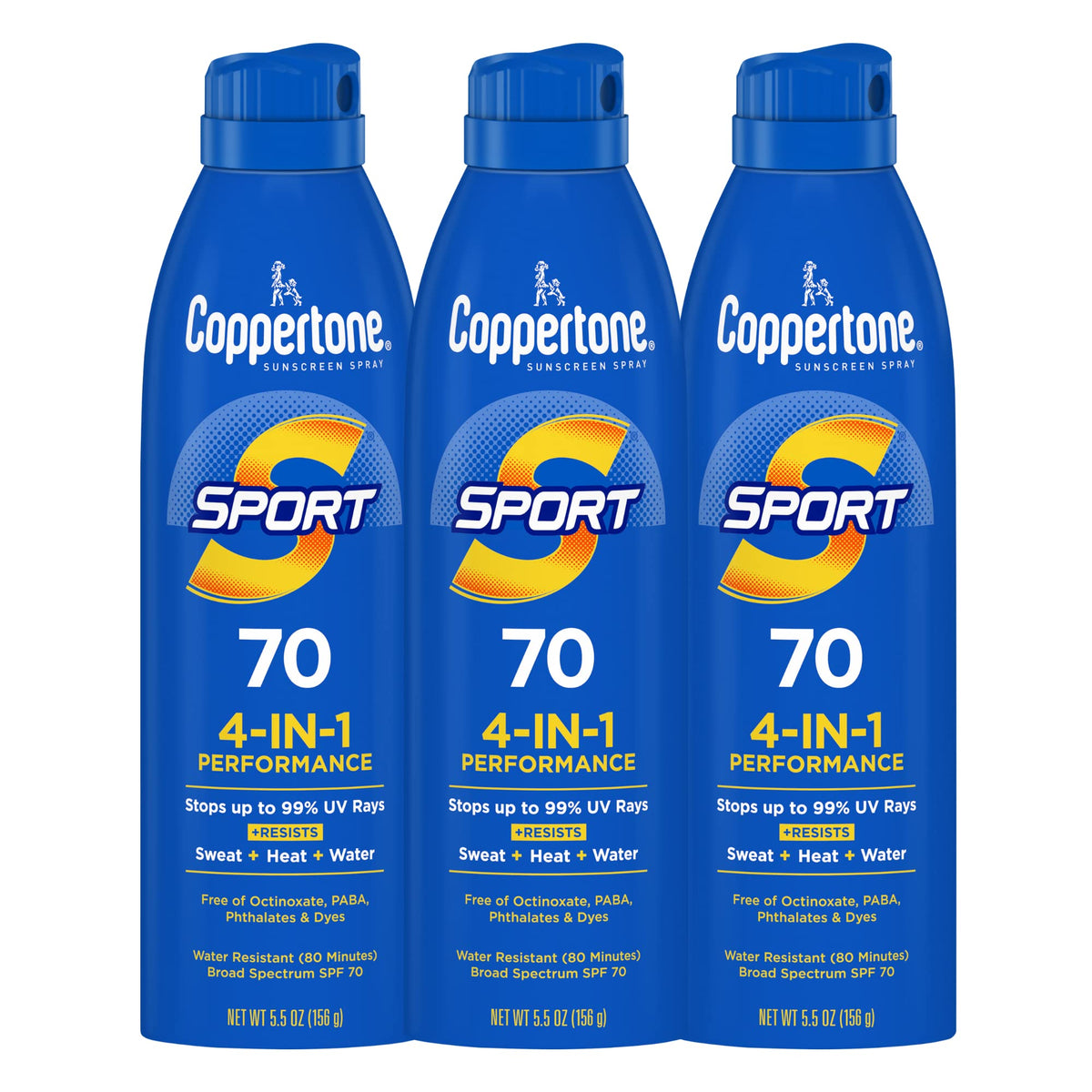 Coppertone SPORT SPF 70 front packaging showing three bottles and bulk value