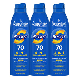 Coppertone SPORT SPF 70 front packaging showing three bottles and bulk value