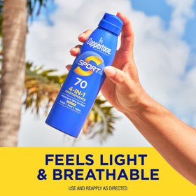 Coppertone SPORT sunscreen mist on arm showing quick-absorbing texture