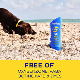 Coppertone applied near water to illustrate up to 80 minutes water resistant