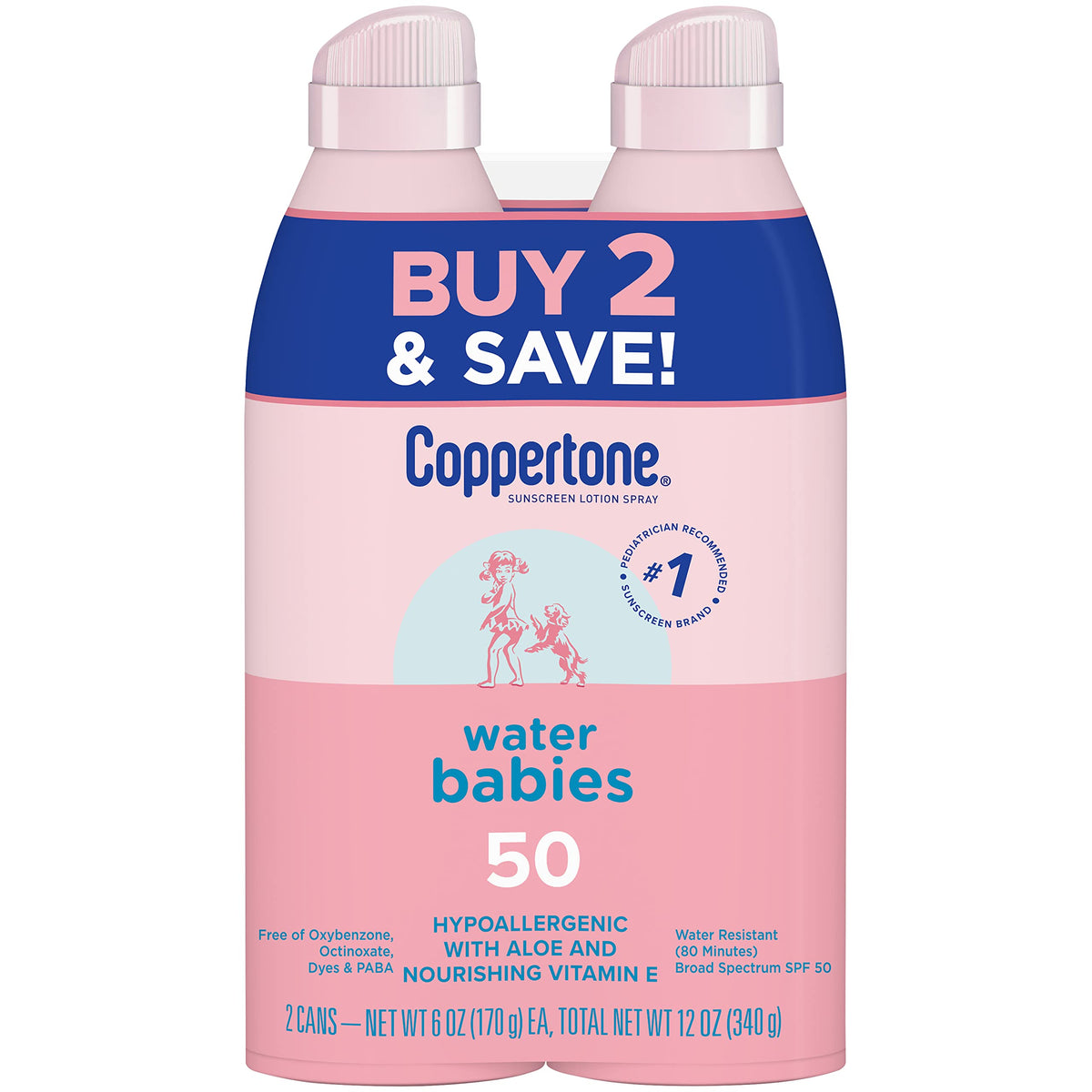 Coppertone WaterBabies front packaging showing twin pack and SPF 50 protection benefit
