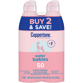 Coppertone WaterBabies front packaging showing twin pack and SPF 50 protection benefit