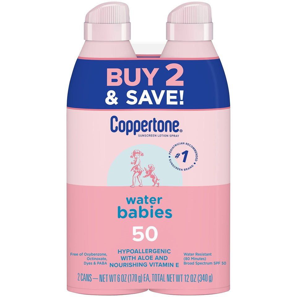 Coppertone WaterBabies front packaging showing twin pack and SPF 50 protection benefit