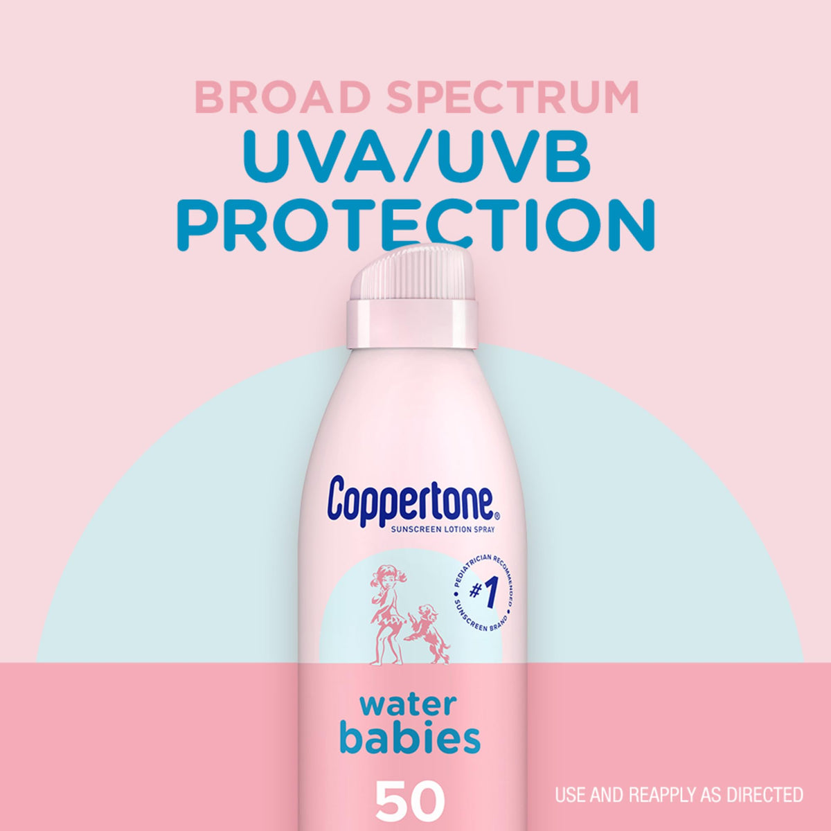 Coppertone WaterBabies visible spray applied to child's arm for even coverage benefit
