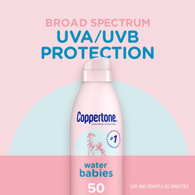Coppertone WaterBabies visible spray applied to child's arm for even coverage benefit