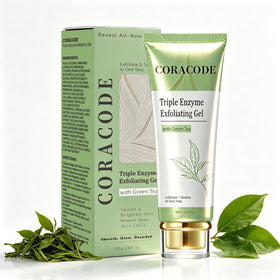 CORACODE front tube of green tea exfoliating aqua peel gel showing packaging benefits