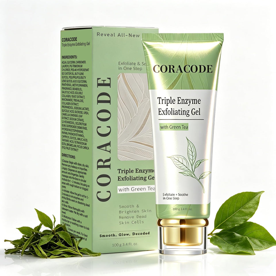 CORACODE front tube of green tea exfoliating aqua peel gel showing packaging benefits
