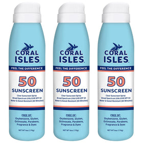 Coral Isles front packaging showing SPF 50 and reef‑safe claim benefits