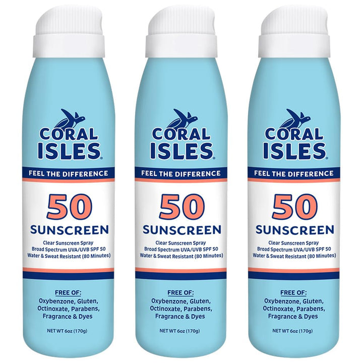 Coral Isles front packaging showing SPF 50 and reef‑safe claim benefits