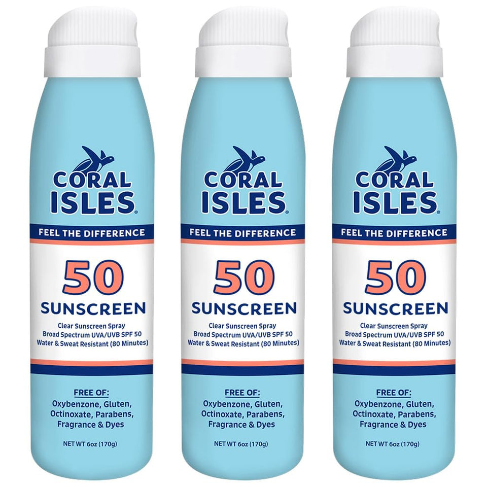 Coral Isles front packaging showing SPF 50 and reef‑safe claim benefits