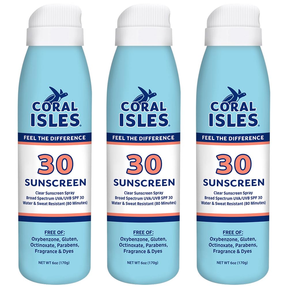 Coral Isles front packaging showing three SPF 30 spray bottles and benefits