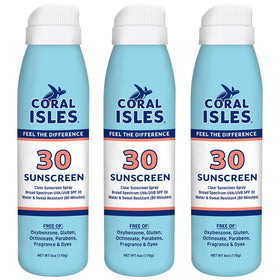 Coral Isles front packaging showing three SPF 30 spray bottles and benefits