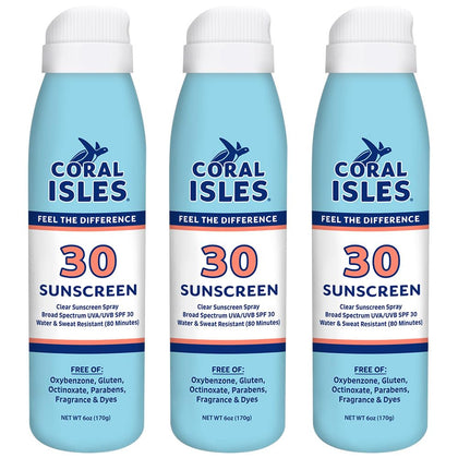 Coral Isles front packaging showing three SPF 30 spray bottles and benefits