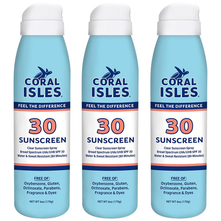 Coral Isles front packaging showing three SPF 30 spray bottles and benefits