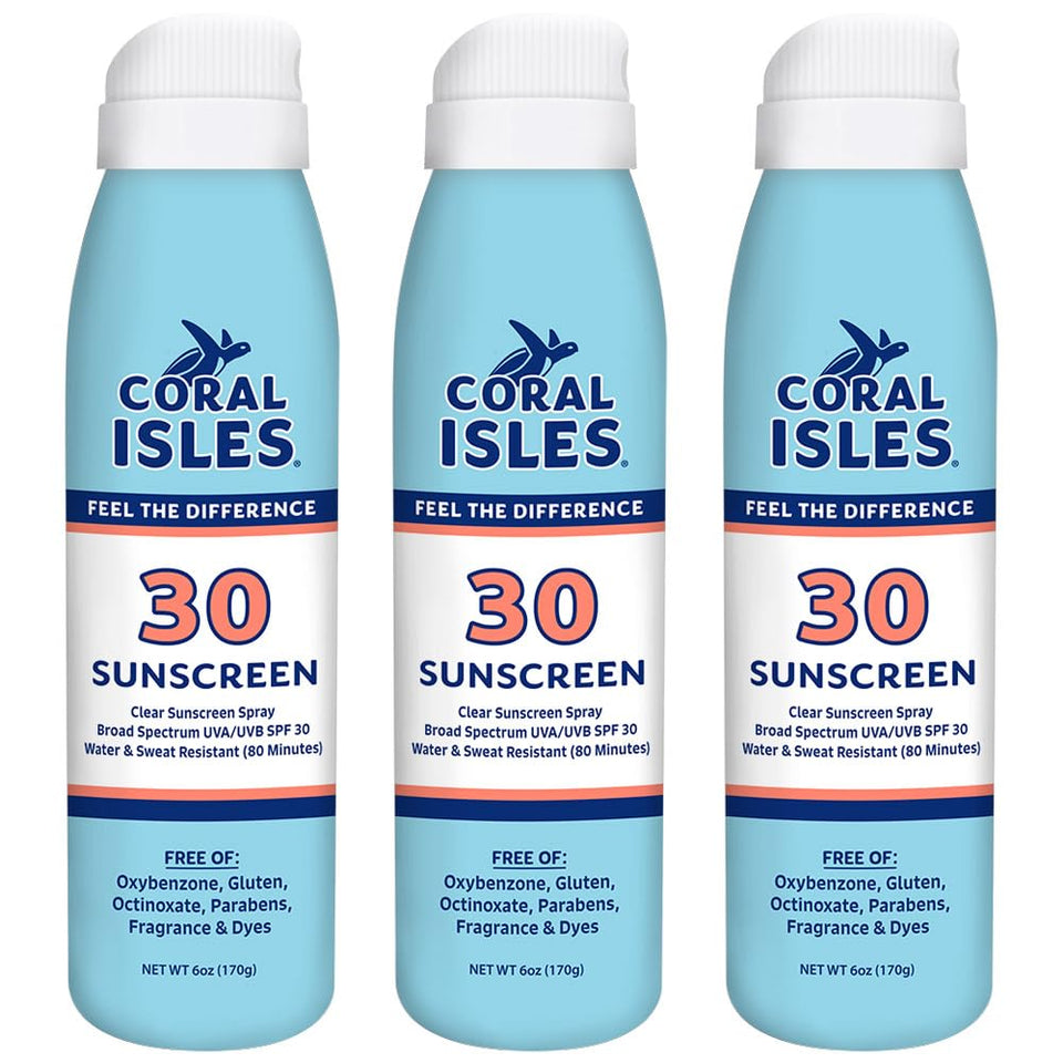 Coral Isles front packaging showing three SPF 30 spray bottles and benefits