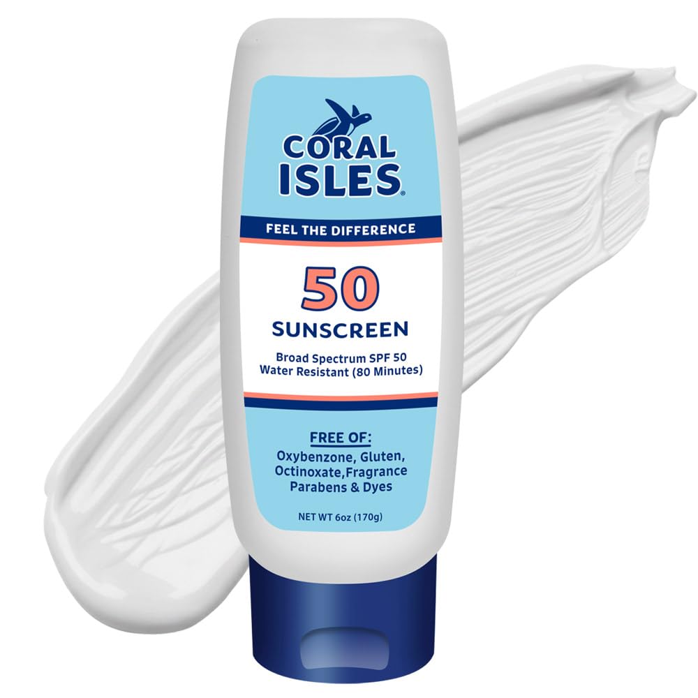 Coral Isles front packaging showing SPF 50 and reef‑friendly benefit