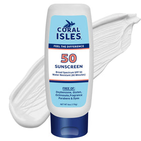 Coral Isles front packaging showing SPF 50 and reef‑friendly benefit