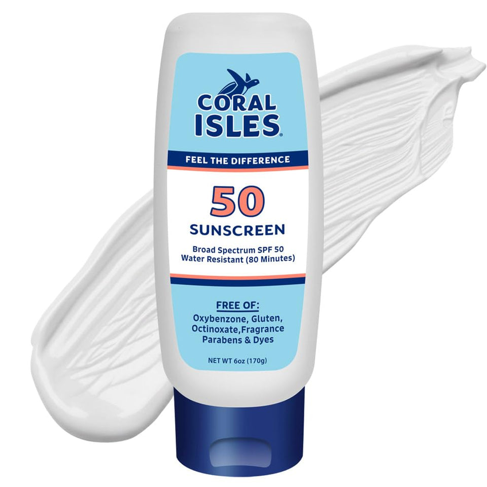 Coral Isles front packaging showing SPF 50 and reef‑friendly benefit