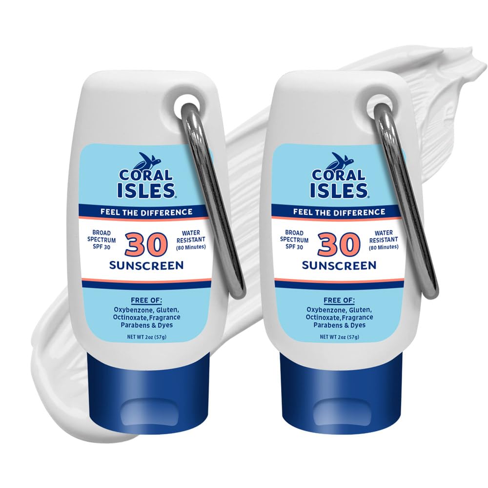 Coral Isles front packaging showing two travel-size bottles and SPF 30 protection
